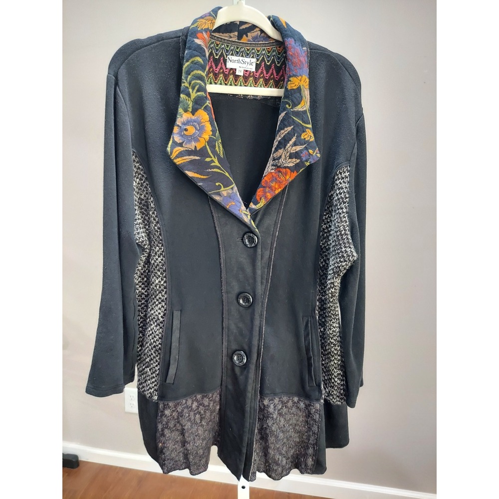 NorthStyle Mixed Media Floral Button Cardigan Jacket 2X Lagenlook Art to Wear